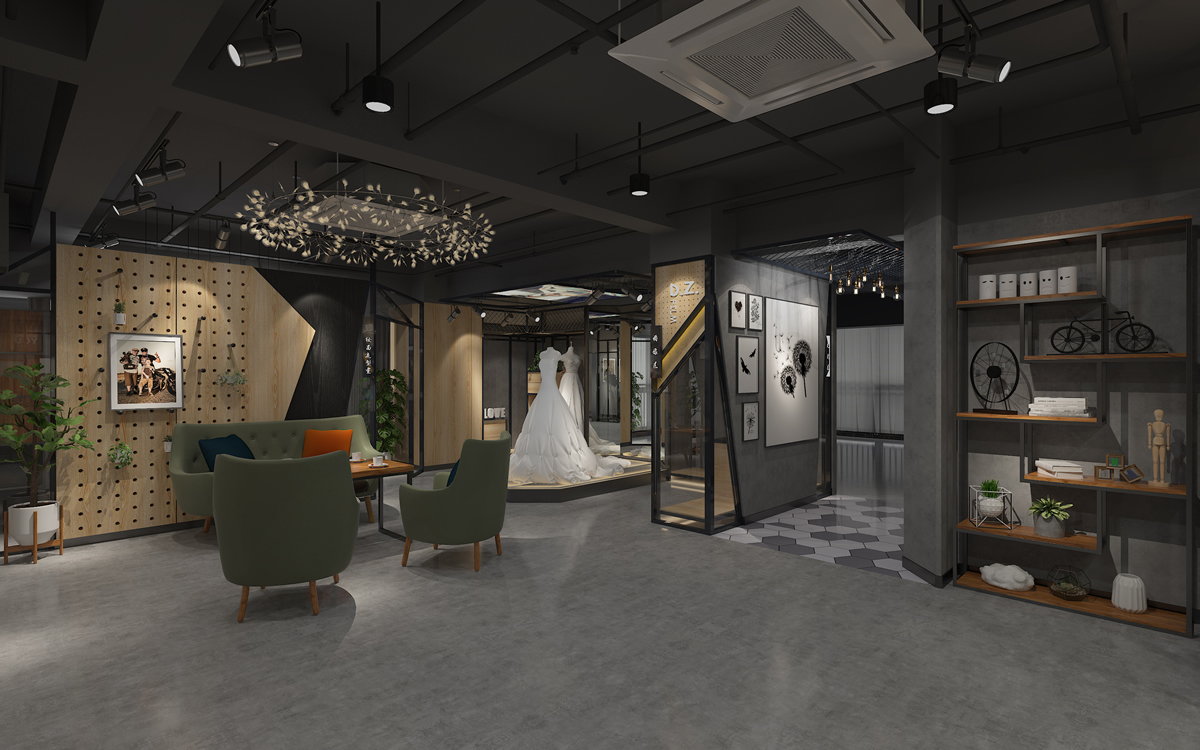 合肥婚纱摄影工作室300平方工业风展厅空间装修设计(图2) 合肥婚纱摄影工作室300平方工业风展厅空间装修设计(图2)