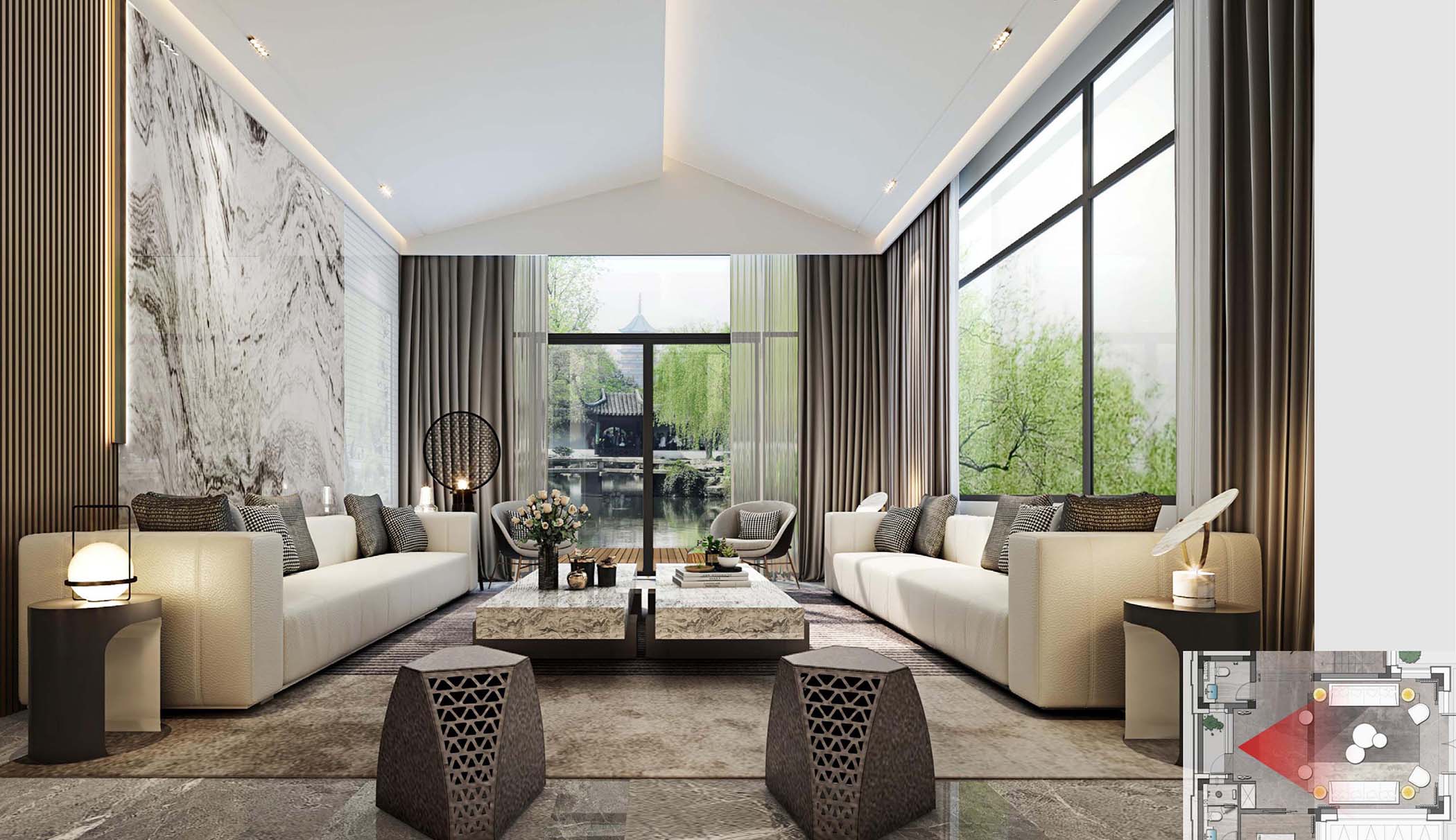 太平.某山庄A户型新中式样板间装饰装修工程(图1) 00一层客厅.jpg